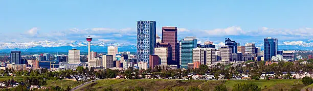 Panorama of Calgary and Rocky Mountains. Calgary, Alberta, USA