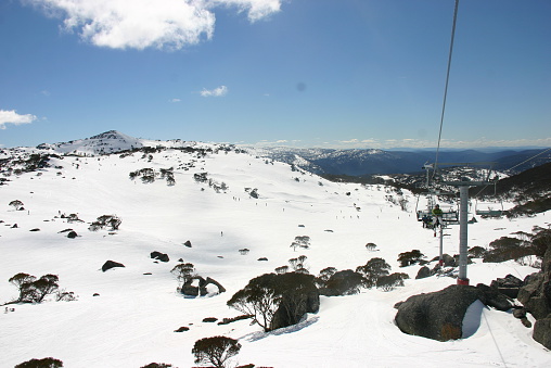 snow and mountain, Pretty Valley chairlift, Perisher, Snowy Mountains, New South Wales, Australia. September 2014.