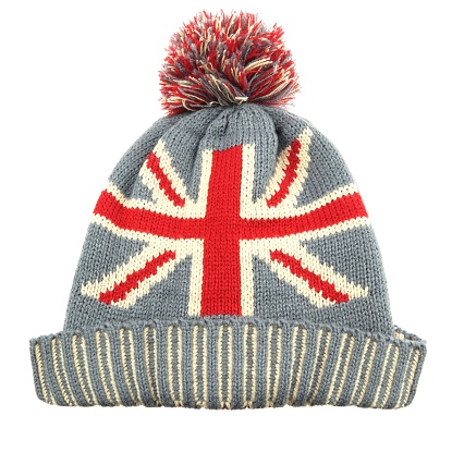 Single Winter Knitted Wool Ski Hat With Union Jack Flag Isolated On White Background Close-Up
