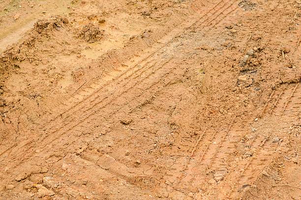 istock Wheel track on wet ground 466887146