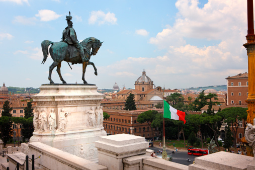 The Italian flag as seen from the Vittorio Emmanuele II monument in Rome.