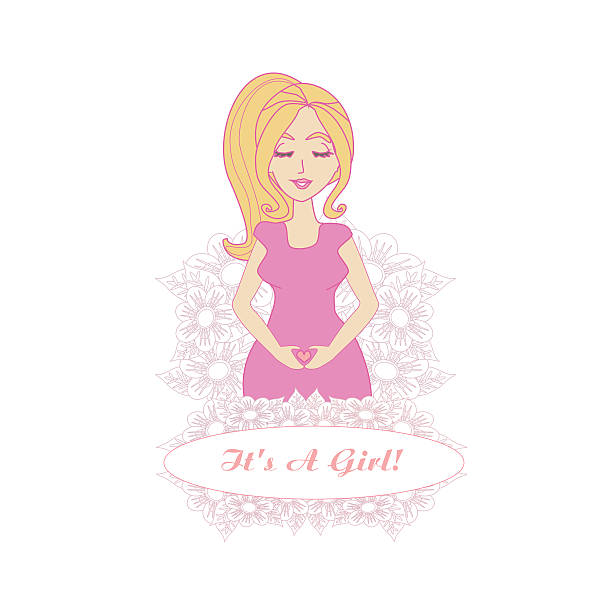 It's A Girl! - pregnant woman card vector art illustration