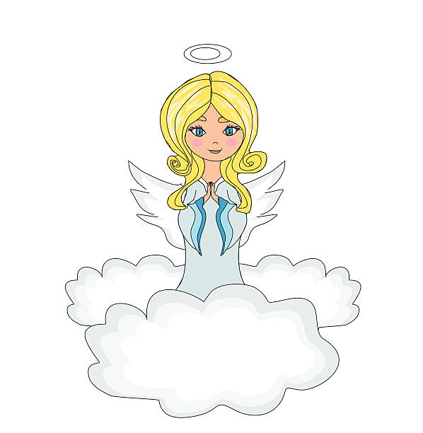 sweet little girl angel Praying while Kneeling on the Clouds vector art illustration