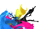 Splashes of blue, black, pink, and yellow paint