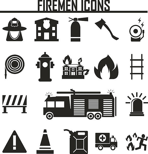 ilustraciones, imágenes clip art, dibujos animados e iconos de stock de bombero conjunto de iconos de vector negro sobre fondo blanco - office tool flash