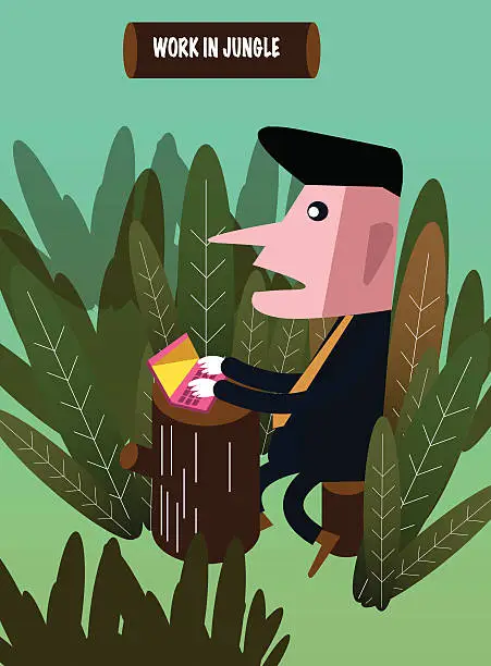 Vector illustration of Businessman sitting in jungle and working on the laptop.