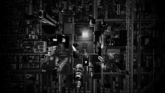 Futuristic city with neon lights. City of the future - concept Generated in 3d. Black and White image