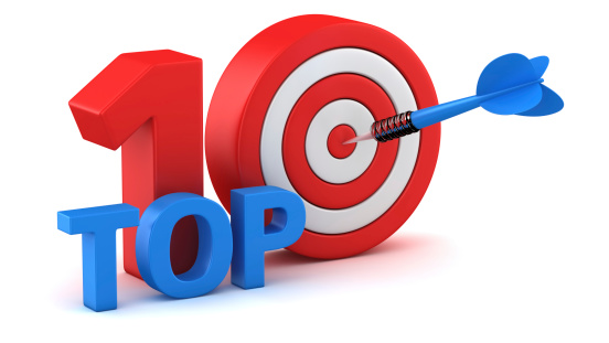 Word Top 10 with dartboard on white background