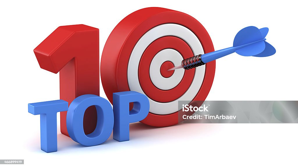 Top 10 Word Top 10 with dartboard on white background Top Ten List Stock Photo