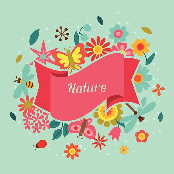 Vector illustration of Card with beautiful simple flowers, beetles and butterflies