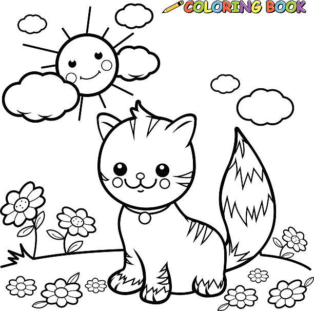 Cat sitting on grass coloring book page Vector illustration of a black and white outline image of a cute happy tabby cat sitting on grass.  coloring book page illlustration technique illustrations stock illustrations