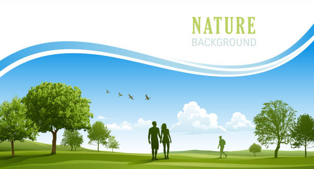 счастливая молодая пара пешие прогулки на спринг-парк - beauty in nature blue cloud cloudscape stock illustrations