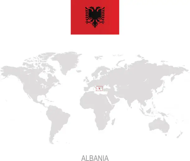 Vector illustration of Flag of Albania and designation on World map