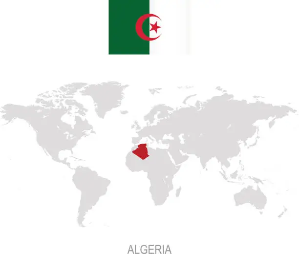 Vector illustration of Flag of Algeria and designation on World map
