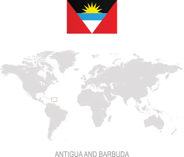Vector illustration of Flag of Antigua And Barbuda and designation on World map
