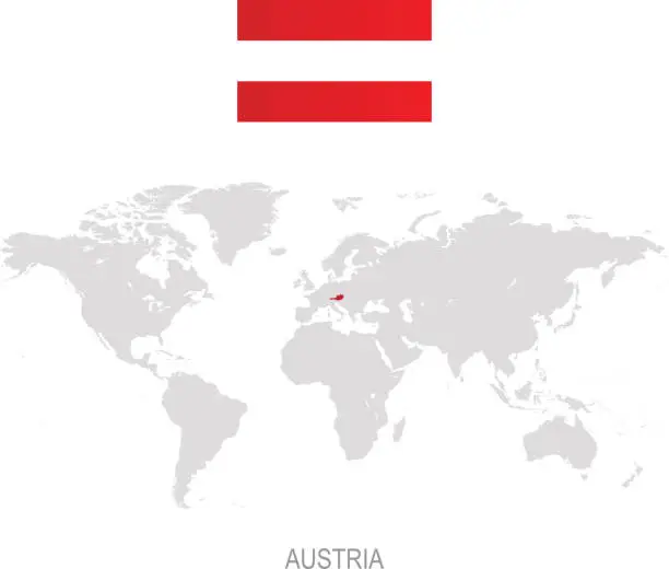 Vector illustration of Flag of Austria and designation on World map