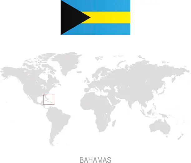 Vector illustration of Flag of Bahamas and designation on World map