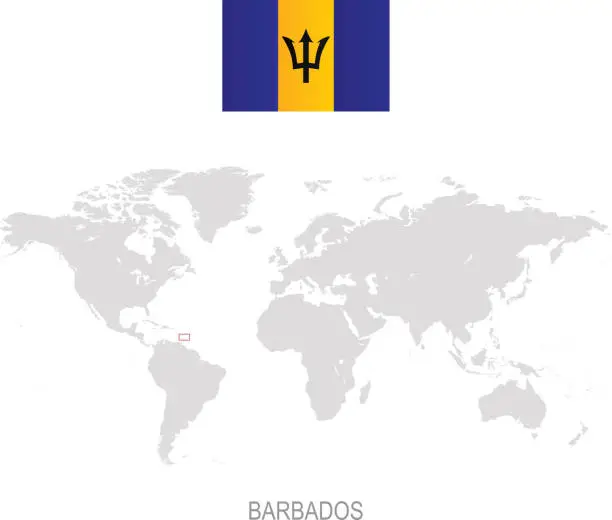 Vector illustration of Flag of Barbados and designation on World map