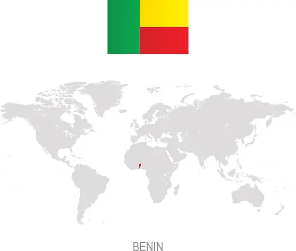 Vector illustration of Flag of Benin and designation on World map