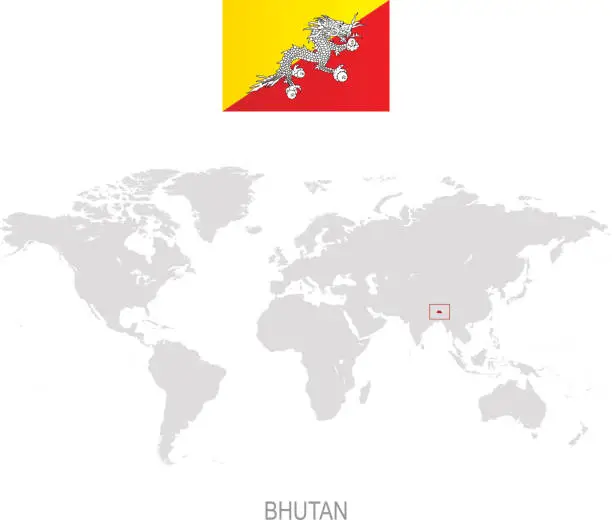 Vector illustration of Flag of Bhutan and designation on World map