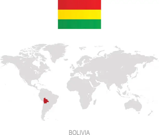 Vector illustration of Flag of Bolivia and designation on World map