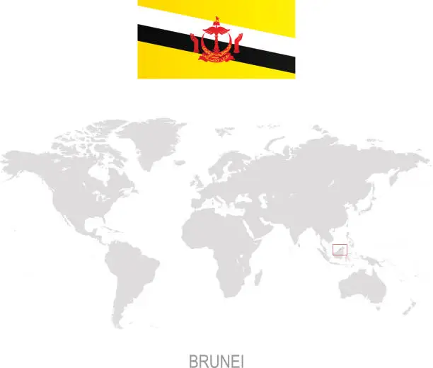 Vector illustration of Flag of Brunei and designation on World map