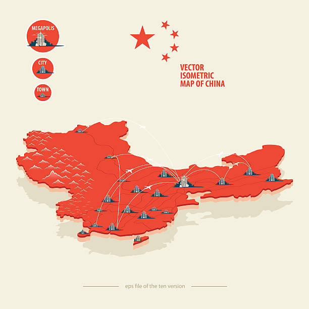 карта китай с иконы город и самолет маршруты - big country stock illustrations