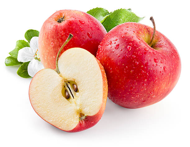 istock Red apple. Fruit with drops and leaves. With clipping path 466911564