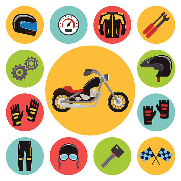 Motorcycle set. Vector Motorcycle set. Biker clothing and equipment. Sport race vintage speedometer stock illustrations