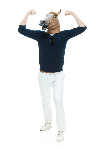 casual uomo in costume da cavallo e applaudono - horse men animal head bizarre foto e immagini stock