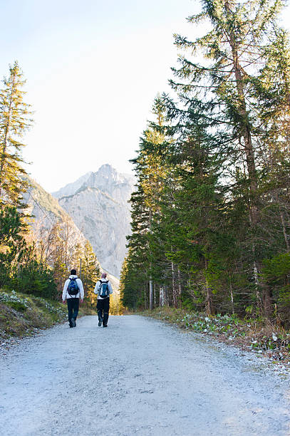 istock Hiking friends with backpacks walking in mountain. 466917558
