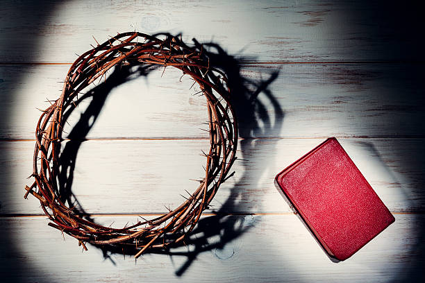 istock Crown of Thorns and red Bible 466920700