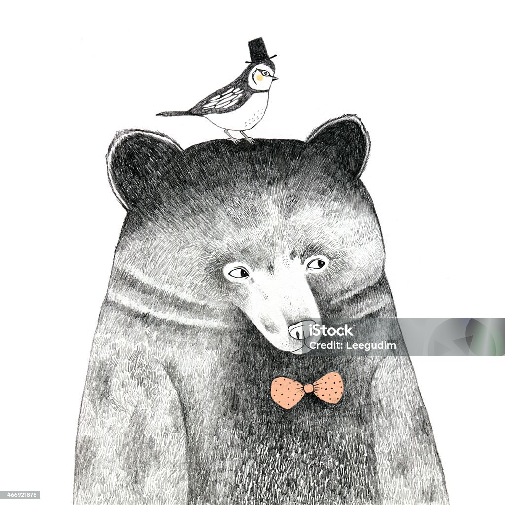 bear with a bird drawing bear with a bird on his head - pencil drawing Bear stock illustration