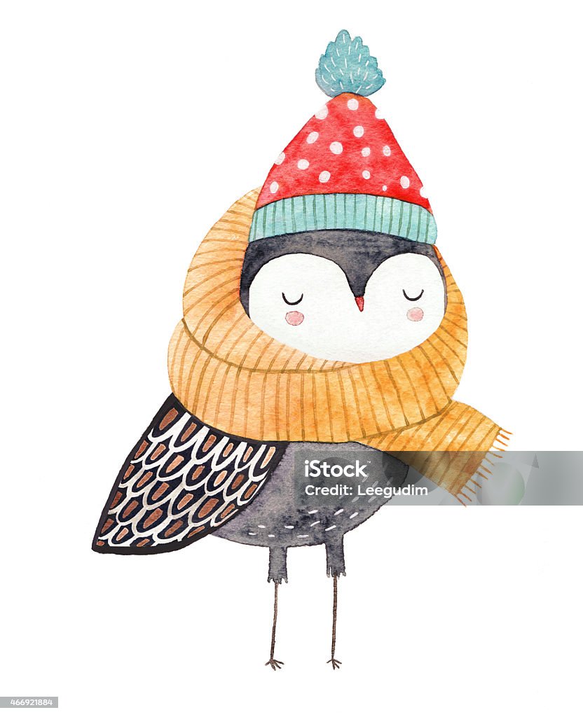 owl drawing funny owl in a scarf and hat - watercolor drawing Winter stock illustration