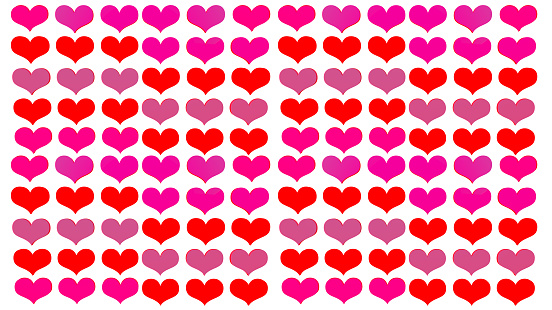 Valentine's Day 3D pink and red heart wallpaper style pattern background on white. UHD, ultra high definition resolution, 8K, 7360 x 4320 pixel  image.