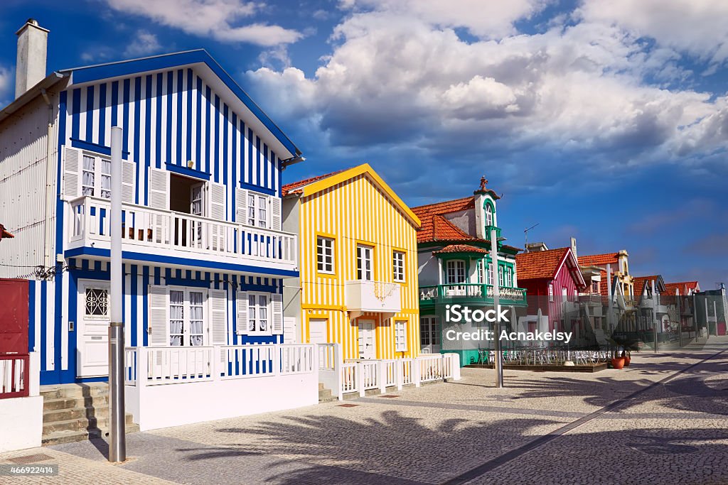 Colorful houses on a street in Costa Nova, Aveiro, Portugal colorful houses in Costa Nova, Aveiro, Portugal Aveiro District Stock Photo