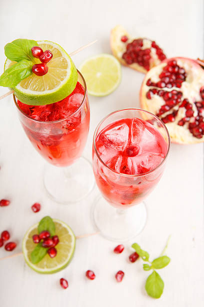 istock Two glasses with red pomgranate champagne, lime and mint. 466923095
