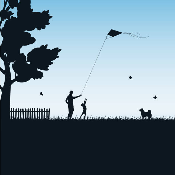 Father and child play with kite Silhouettes of a happy family of the child and the father with kite on blue background, illustration. girl silouette forest illustration stock illustrations