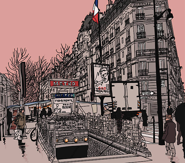 illustrations, cliparts, dessins animés et icônes de vue sur une rue de la station de métro à paris - gare paris