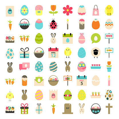Easter big flat styled icons set over white. Flat stylized icons set