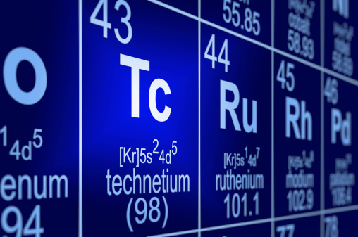 Detail of a partially blurred periodic table of the elements. Focus on technetium