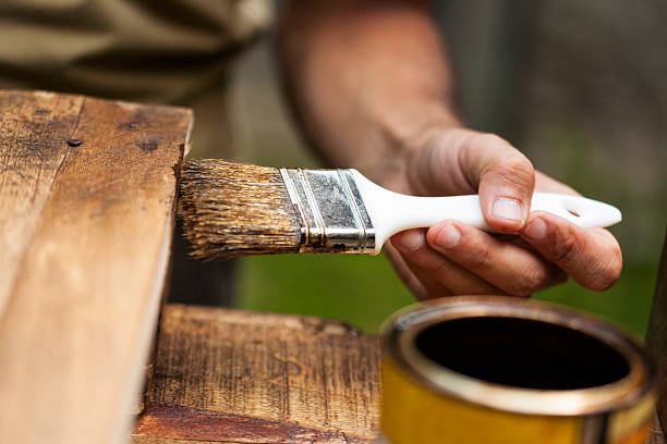 homem pintando uma plataforma de madeira ao ar livre - wood stain paint deck paintbrush imagens e fotografias de stock