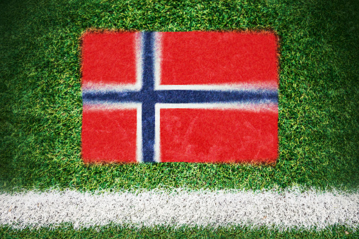 Norway flag printed on a soccer field.