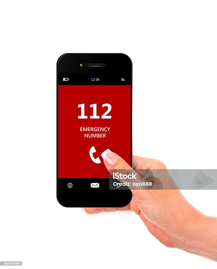 hand holding mobile phone with emergency number 112 isolated ove hand holding mobile phone with emergency number 112 isolated over white background, Mobile phone and other elements were designed and generated by author. All data are fictitious. SOS - Single Word Stock Photo