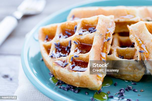 Waffles With Honey And Lavender Stock Photo - Download Image Now - Triangle Shape, Waffle, Blue