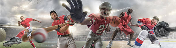 спортивных героев в действии - baseballs basketball american football football стоковые фото и изображения