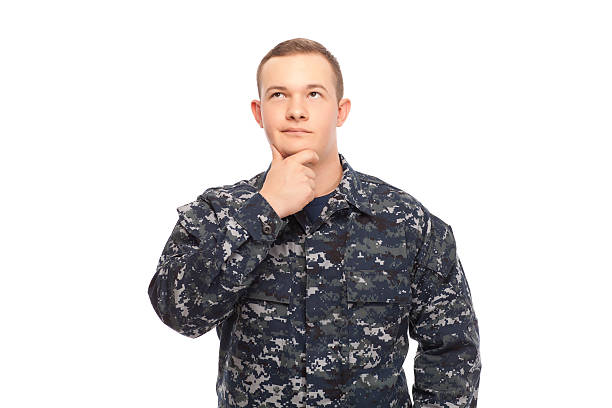 istock Contemplative young navy man with hand on chin 466945254
