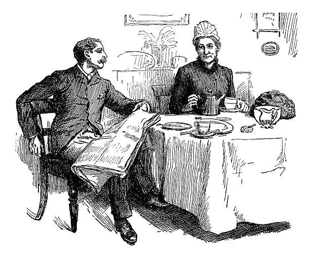 victorian mann und frau in der tea-tisch - english culture talking men listening stock-grafiken, -clipart, -cartoons und -symbole