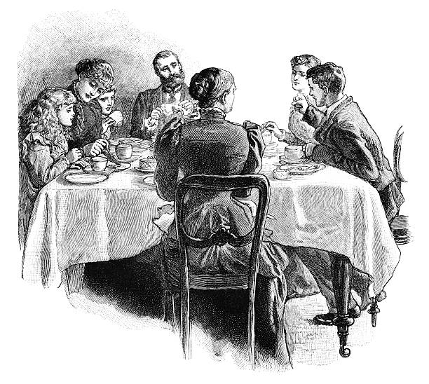 victorian familie um den kaffeetisch - english culture talking men listening stock-grafiken, -clipart, -cartoons und -symbole