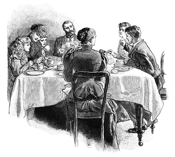 illustrations, cliparts, dessins animés et icônes de victorian famille autour de la table pour le thé - middle class illustrations